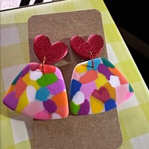 Polymer Clay Handmade Red Heart Dangle Earrings